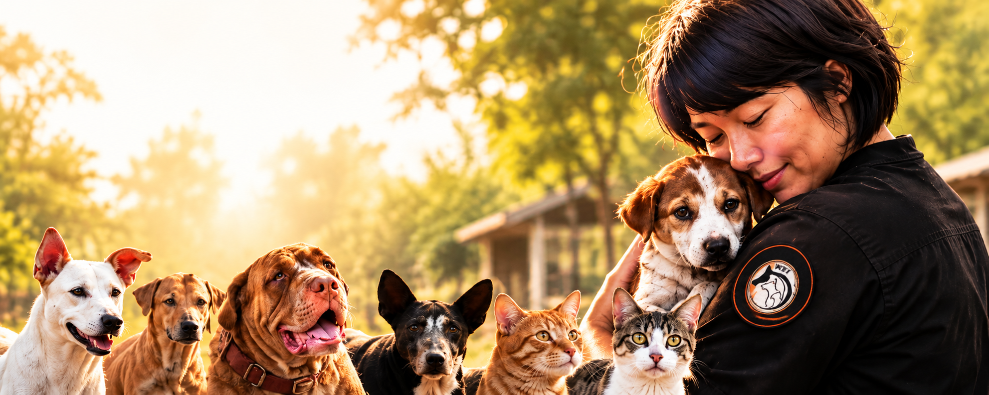 Illustrative artwork of a person holding a puppy beside dogs and cats in warm sunlight